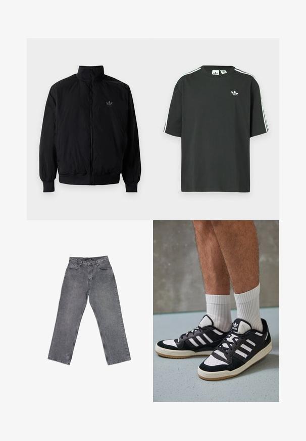 Schwarze Jacke mit Reißverschluss und hohem Kragen, aus leichtem Material gefertigt. Verfügt über elastische Bündchen und einen elastischen Saum, mit einem kleinen Logo oben links.; Schwarzes Baumwoll-T-Shirt mit kurzen Ärmeln, Rundhalsausschnitt und weißen Dreistreifen-Details auf den Schultern. Verfügt über ein kleines weißes Logo auf der Brust.; Graue Jeanshose mit geradem Bein, ausgestattet mit fünf Taschen, Gürtelschlaufen und einer ausgewaschenen Textur. Einfaches Design, ohne sichtbare Muster.; Schwarz-weiße Sneaker mit einem Obermaterial aus Wildleder und Leder, ausgestattet mit drei weißen Streifen, einer perforierten Zehenpartie und einer Sohle aus Gummi.