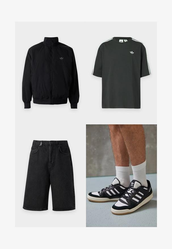 Schwarze Jacke mit Reißverschluss und hohem Kragen, aus leichtem Material gefertigt. Verfügt über elastische Bündchen und einen elastischen Saum, mit einem kleinen Logo oben links.; Schwarzes Baumwoll-T-Shirt mit kurzen Ärmeln, Rundhalsausschnitt und weißen Dreistreifen-Details auf den Schultern. Verfügt über ein kleines weißes Logo auf der Brust.; Schwarze Denim-Shorts mit lockerer Passform, mittlerer Taille, fünf Taschen und Gürtelschlaufen. Der Stoff hat eine glatte Textur und dezente Nähte.; Schwarz-weiße Sneaker mit einem Obermaterial aus Wildleder und Leder, ausgestattet mit drei weißen Streifen, einer perforierten Zehenpartie und einer Sohle aus Gummi.