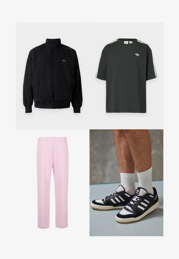 Crna jakna na zip s visokim ovratnikom, izrađena od laganog materijala. Ima elastične manžete i pojas, s malim logotipom na gornjem lijevom dijelu.; Crna pamučna majica kratkih rukava, s okruglim izrezom i bijelim detaljima u obliku triju pruga na ramenima. Na prsima se nalazi mali bijeli logotip.; Svijetloružičaste trenirke od glatkog pamučnog materijala. Imaju elastičnu traku u struku i ravni, opušteni kroj. Nema vidljivih džepova ili uzoraka.; Crne i bijele tenisice s gornjim dijelom od antilopa i kože, s tri bijele pruge, perforiranim prstom i gumiranim potplatom.