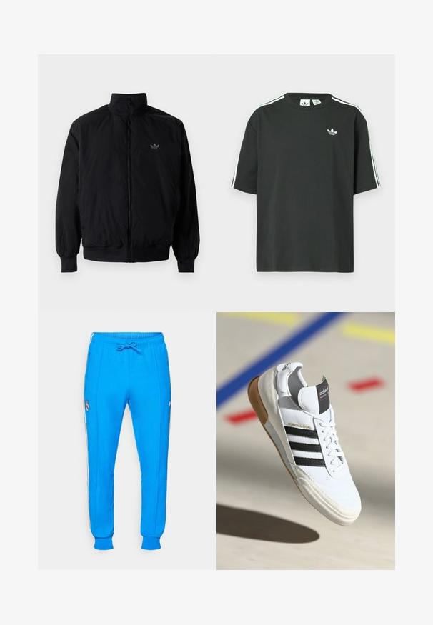Černá zipová bunda s vysokým límcem, vyrobená z lehkého materiálu. Má elastické manžety a pas, s malým logem na horní levé straně.; Černé bavlněné tričko s krátkými rukávy, kulatým výstřihem a bílými třemi pruhy na ramenou. Na hrudi je malá bílá logo.; adidas Originals REAL MADRID ICON TRACK PANT - Klubové oblečení - bluebird/white; Bílé tenisky Adidas Mundial Goal s černými pruhy a gumovou podrážkou, zobrazené ve vzduchu nad sportovním hřištěm s barevnými čarami.