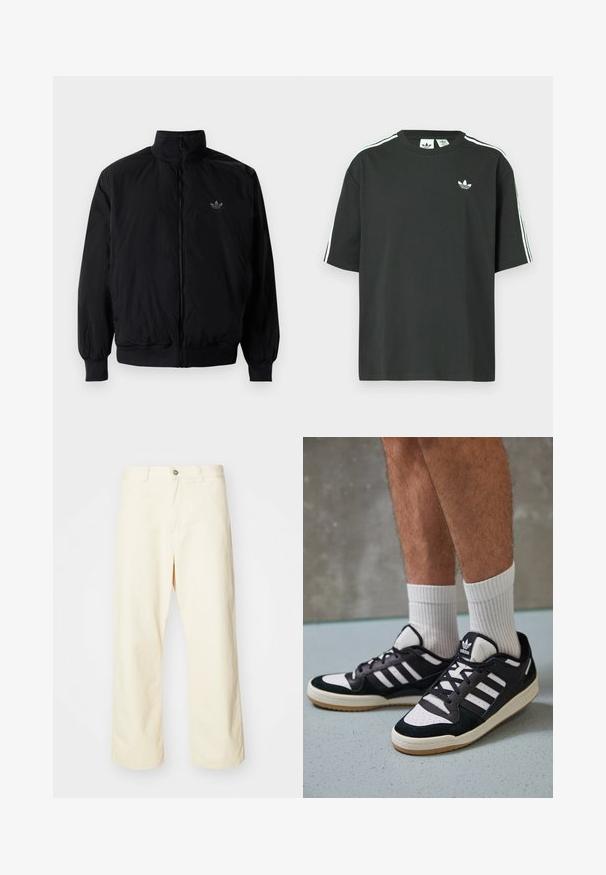 Black zipped jacket with high collar, made of lightweight material. Features elastic cuffs and waistband, with a small logo on the upper left.; Black cotton t-shirt with short sleeves, crew neckline, and white three-stripe detailing on shoulders. Features a small white logo on chest.; Cream-colored, wide-leg pants made of cotton with a button closure, belt loops, and stitched hem. Smooth texture, no visible patterns.; Black and white sneakers with a suede and leather upper, featuring three white stripes, a perforated toe, and a gum rubber sole.