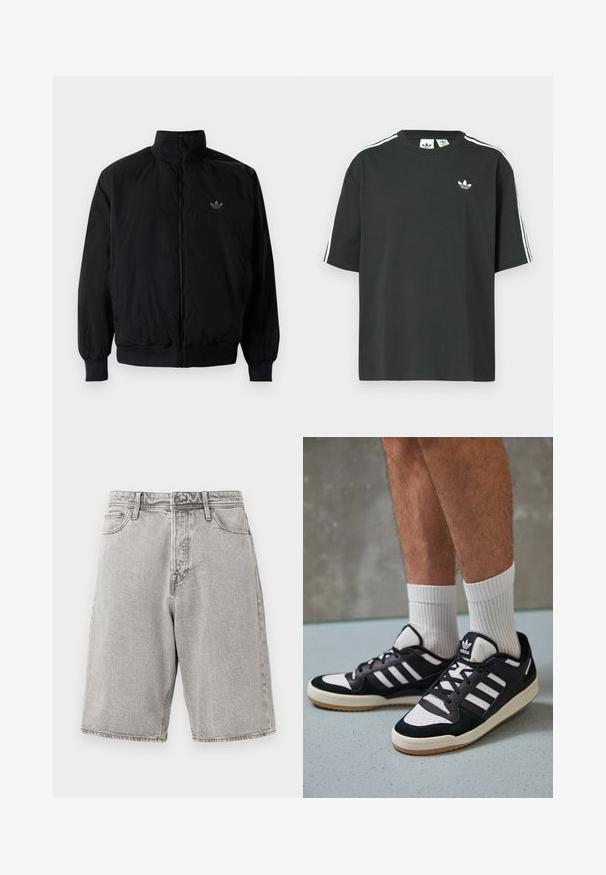 Czarna kurtka zapinana na zamek z wysokim kołnierzem, wykonana z lekkiego materiału. Posiada elastyczne mankiety i pas, oraz małe logo na górnej lewej stronie.; Czarny bawełniany t-shirt z krótkimi rękawami, okrągłym dekoltem i białym detalem w postaci trzech pasków na ramionach. Na piersi znajduje się małe białe logo.; Szare dżinsowe szorty o luźnym kroju, z wysokim stanem, pięcioma kieszeniami i widocznym przeszyciem, oferujące teksturowane wykończenie.; Czarno-białe sneakersy z zamszową i skórzaną cholewką, z trzema białymi paskami, perforowanym czubkiem i gumową podeszwą w kolorze gumy.