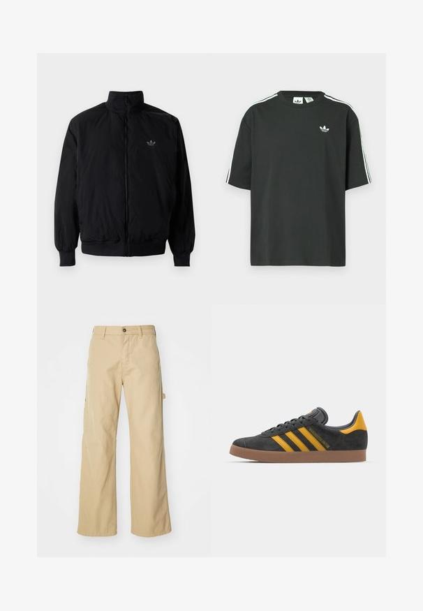 Crna jakna na zip s visokim ovratnikom, izrađena od laganog materijala. Ima elastične manžete i pojas, s malim logotipom na gornjem lijevom dijelu.; Crna pamučna majica kratkih rukava, s okruglim izrezom i bijelim detaljima u obliku triju pruga na ramenima. Na prsima se nalazi mali bijeli logotip.; Bež hlače širokog nogavice s kopčanjem na gumb, s bočnim džepovima, izrađene od čvrstog pamučnog materijala, glatke teksture i ravnog kroja.; Crne nubuk tenisice s žutim detaljima, sa tri pruge i smešnim gumenim potplatom. Imaju jastučić na jeziku za udobnost.