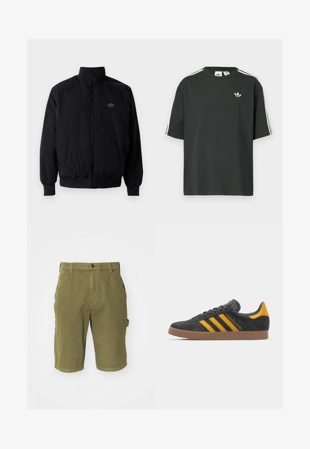 Musta vetoketjullinen takki, jossa on korkea kaulus, valmistettu kevyestä materiaalista. Varustettu joustavilla hihoilla ja vyötäröllä, ja ylävasemmalla on pieni logo.; Musta puuvillainen t-paita, jossa on lyhyet hihat, pyöreä pääntie ja valkoiset kolmen raidan yksityiskohdat olkapäillä. Rinnan kohdalla on pieni valkoinen logo.; Olivevihreät puuvillaiset cargo-shortsit, joissa on nappikiinnitys, vyölenkit, sivutaskut ja hieman teksturoitu kangaspinta.; Mustat samettiset tennarit, joissa on keltaisia yksityiskohtia, kolmonen raita ja ruskea kumipohja. Sisältää pehmustetun kielisen mukavuutta varten.