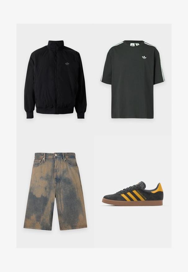 Black zipped jacket with high collar, made of lightweight material. Features elastic cuffs and waistband, with a small logo on the upper left.; Black cotton t-shirt with short sleeves, crew neckline, and white three-stripe detailing on shoulders. Features a small white logo on chest.; Denim shorts with a faded blue and beige tie-dye effect, featuring a classic five-pocket design and metal hardware details.; Black suede sneaker with yellow accents, featuring three stripes and a brown rubber sole. Includes a padded tongue for comfort.