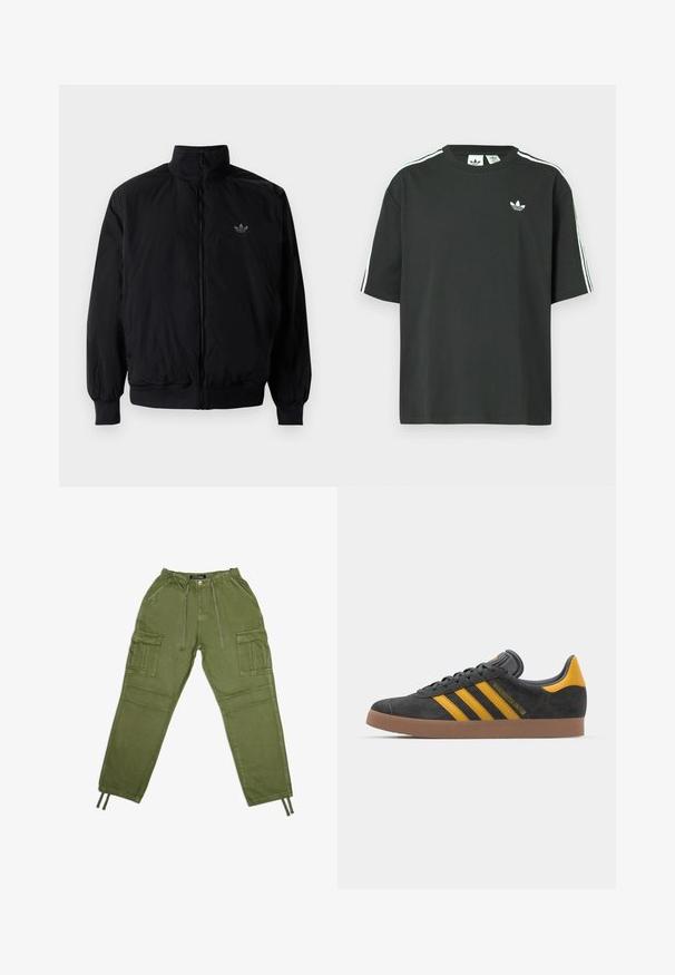 Czarna kurtka zapinana na zamek z wysokim kołnierzem, wykonana z lekkiego materiału. Posiada elastyczne mankiety i pas, oraz małe logo na górnej lewej stronie.; Czarny bawełniany t-shirt z krótkimi rękawami, okrągłym dekoltem i białym detalem w postaci trzech pasków na ramionach. Na piersi znajduje się małe białe logo.; Oliwkowe spodnie cargo wykonane z lekkiego materiału, wyposażone w elastyczny pas, sznurki i liczne boczne kieszenie.; Czarne zamszowe sneakersy z żółtymi akcentami, z trzema paskami i brązową gumową podeszwą. Posiadają wyściełany język dla większego komfortu.