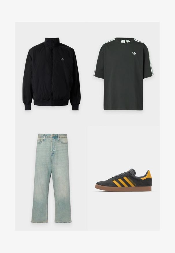 Black zipped jacket with high collar, made of lightweight material. Features elastic cuffs and waistband, with a small logo on the upper left.; Black cotton t-shirt with short sleeves, crew neckline, and white three-stripe detailing on shoulders. Features a small white logo on chest.; Light blue denim jeans with a relaxed fit, straight legs, and a faded finish; features a classic button and zipper closure.; Black suede sneaker with yellow accents, featuring three stripes and a brown rubber sole. Includes a padded tongue for comfort.