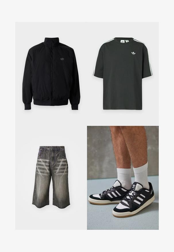 Černá zipová bunda s vysokým límcem, vyrobená z lehkého materiálu. Má elastické manžety a pas, s malým logem na horní levé straně.; Černé bavlněné tričko s krátkými rukávy, kulatým výstřihem a bílými třemi pruhy na ramenou. Na hrudi je malá bílá logo.; Džínové šortky v tmavě šedé barvě s vybledlým designem. Mají kontrastní fialové švy a volný, široký střih.; Černobílé tenisky s vrchní částí z semišové a kožené kůže, včetně tří bílých pruhů, perforovaného špičky a podrážky z gumy.