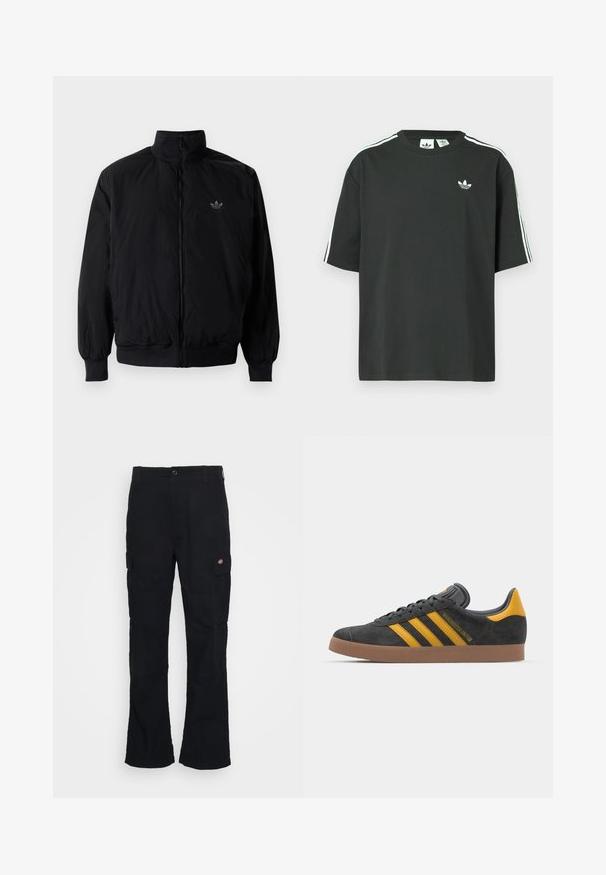 Zwarte geluiting jack met hoge kraag, gemaakt van lichtgewicht materiaal. Voorzien van elastische manchetten en tailleband, met een klein logo op de linkerbovenkant.; Zwart katoenen T-shirt met korte mouwen, ronde hals en witte drie-strepen details op de schouders. Heeft een klein wit logo op de borst.; Zwarte cargobroek met een rechte pijpdesign, gemaakt van duurzaam materiaal, voorzien van zijzakken en een patchlogo aan de linkerkant.; Zwarte suède sneakers met gele accenten, voorzien van drie strepen en een bruine rubberen zool. Inclusief een gevoerde tong voor comfort.