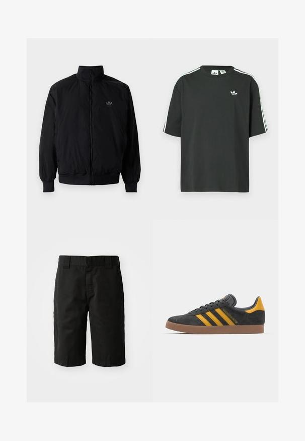 Giacca nera con zip e colletto alto, realizzata in materiale leggero. Presenta polsini e vita elastici, con un piccolo logo in alto a sinistra.; Maglietta nera in cotone con maniche corte, scollo rotondo e dettagli bianchi a tre strisce sulle spalle. Presenta un piccolo logo bianco sul petto.; Pantaloni corti neri in cotone con taglio dritto, passanti per cintura e parte anteriore piana. Presentano tasche sui lati e una texture liscia.; Sneaker in suede nero con dettagli gialli, dotato di tre strisce e una suola in gomma marrone. Include una linguetta imbottita per il comfort.