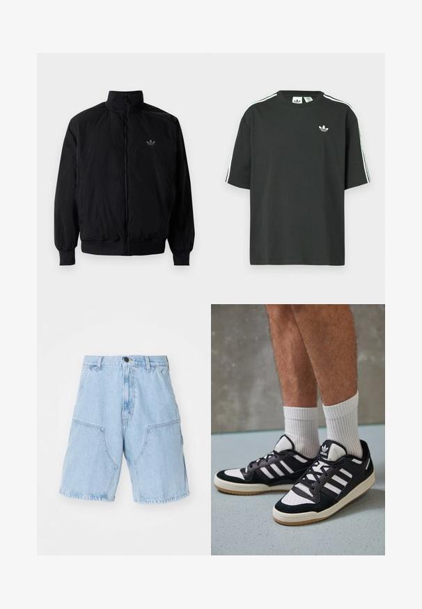 Black zipped jacket with high collar, made of lightweight material. Features elastic cuffs and waistband, with a small logo on the upper left.; Black cotton t-shirt with short sleeves, crew neckline, and white three-stripe detailing on shoulders. Features a small white logo on chest.; Light blue denim shorts with a loose fit, featuring two large front pockets and a button closure at the waist.; Black and white sneakers with a suede and leather upper, featuring three white stripes, a perforated toe, and a gum rubber sole.