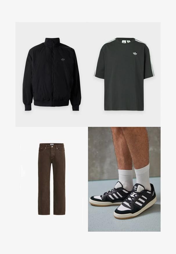 Black zipped jacket with high collar, made of lightweight material. Features elastic cuffs and waistband, with a small logo on the upper left.; Black cotton t-shirt with short sleeves, crew neckline, and white three-stripe detailing on shoulders. Features a small white logo on chest.; Brown denim jeans with a straight-leg cut, five-pocket design, and metal hardware. Features a button closure and branded waistband tag.; Black and white sneakers with a suede and leather upper, featuring three white stripes, a perforated toe, and a gum rubber sole.