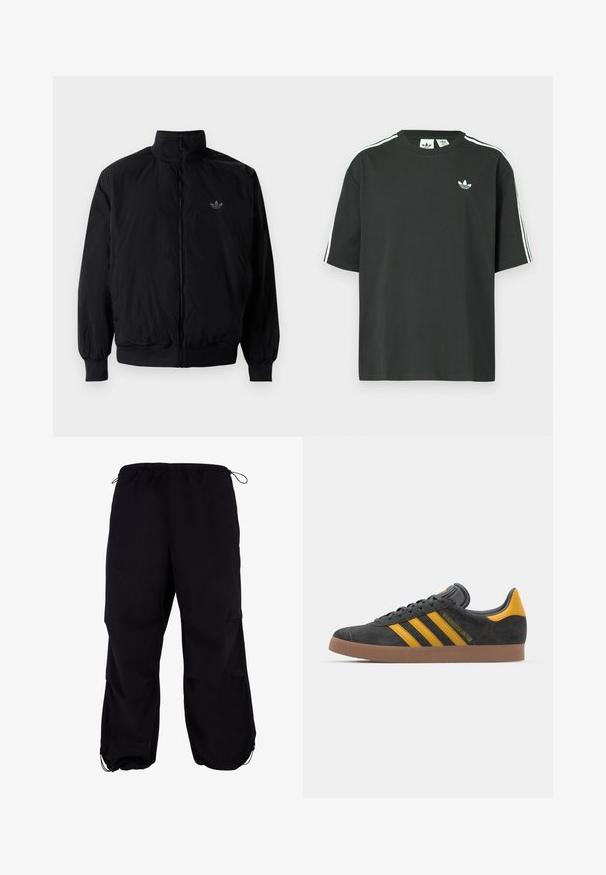 Svart zipjacka med hög krage, tillverkad av lätt material. Har elastiska cuffar och midja, med en liten logo på övre vänster.; Svart bomulls-t-shirt med korta ärmar, rund halsringning och vita tre ränder på axlarna. Har en liten vit logotyp på bröstet.; Svarta, löst sittande cargobyxor med elastisk midja och justerbar snörning. Har dragkedjor i fickorna och muddar vid anklarna.; Svart mockaskor med gula accenter, med tre ränder och en brun gummisula. Inkluderar en vadderad tunga för extra komfort.