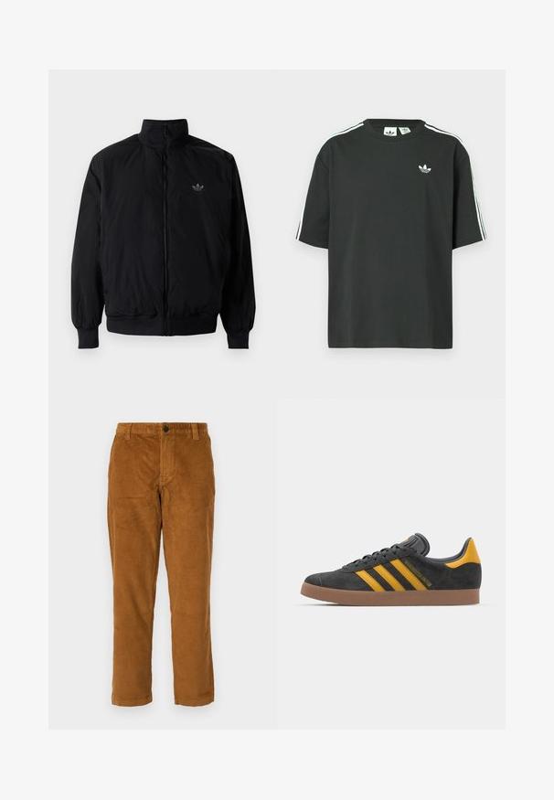 Giacca nera con zip e colletto alto, realizzata in materiale leggero. Presenta polsini e vita elastici, con un piccolo logo in alto a sinistra.; Maglietta nera in cotone con maniche corte, scollo rotondo e dettagli bianchi a tre strisce sulle spalle. Presenta un piccolo logo bianco sul petto.; Pantaloni in corduroy marrone con una superficie testurizzata, gamba dritta e una cintura con chiusura a bottone singolo.; Sneaker in suede nero con dettagli gialli, dotato di tre strisce e una suola in gomma marrone. Include una linguetta imbottita per il comfort.