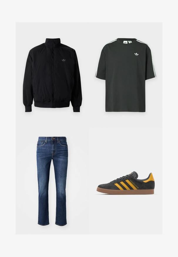 Crna jakna na zip s visokim ovratnikom, izrađena od laganog materijala. Ima elastične manžete i pojas, s malim logotipom na gornjem lijevom dijelu.; Crna pamučna majica kratkih rukava, s okruglim izrezom i bijelim detaljima u obliku triju pruga na ramenima. Na prsima se nalazi mali bijeli logotip.; Tamno plave traperice ravnog kroja. Karakteristike uključuju patentni zatvarač, prednje džepove i suptilno izbljeđivanje na bedrima. Izrađene su od traper tkanine.; Crne nubuk tenisice s žutim detaljima, sa tri pruge i smešnim gumenim potplatom. Imaju jastučić na jeziku za udobnost.