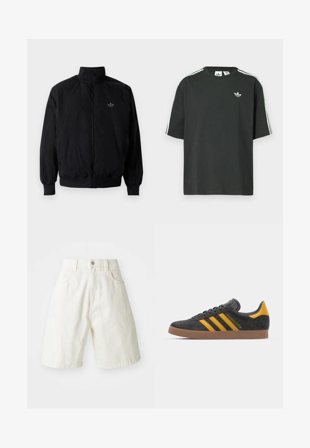 Black zipped jacket with high collar, made of lightweight material. Features elastic cuffs and waistband, with a small logo on the upper left.; Black cotton t-shirt with short sleeves, crew neckline, and white three-stripe detailing on shoulders. Features a small white logo on chest.; White denim shorts with a relaxed fit, featuring a waistband, five pockets, and straight legs. The fabric has a slight texture.; Black suede sneaker with yellow accents, featuring three stripes and a brown rubber sole. Includes a padded tongue for comfort.