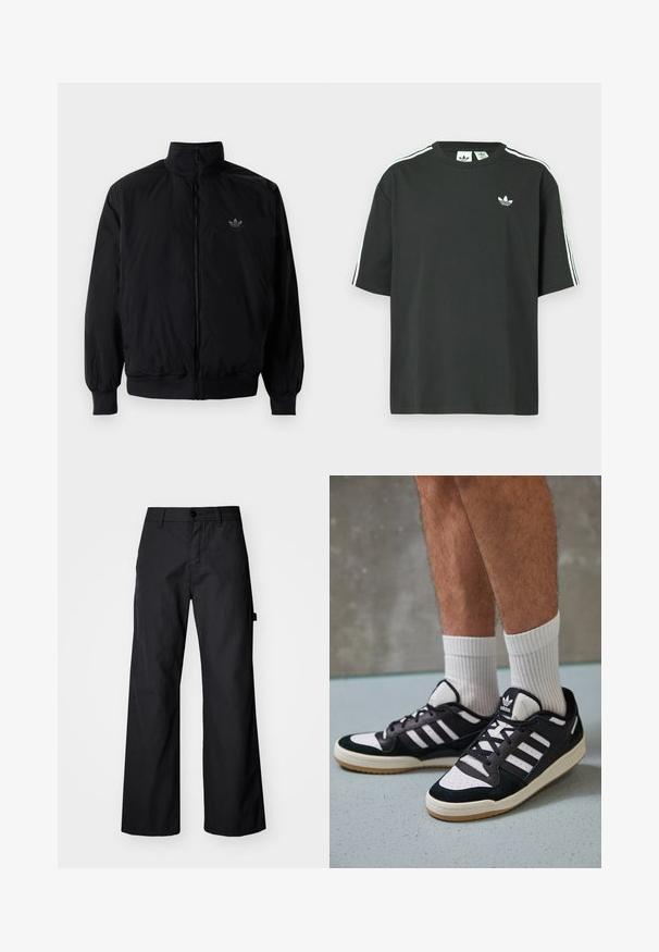 Black zipped jacket with high collar, made of lightweight material. Features elastic cuffs and waistband, with a small logo on the upper left.; Black cotton t-shirt with short sleeves, crew neckline, and white three-stripe detailing on shoulders. Features a small white logo on chest.; Black, wide-leg trousers made of durable fabric. Features a button closure and side pockets. Smooth texture with a clean design.; Black and white sneakers with a suede and leather upper, featuring three white stripes, a perforated toe, and a gum rubber sole.