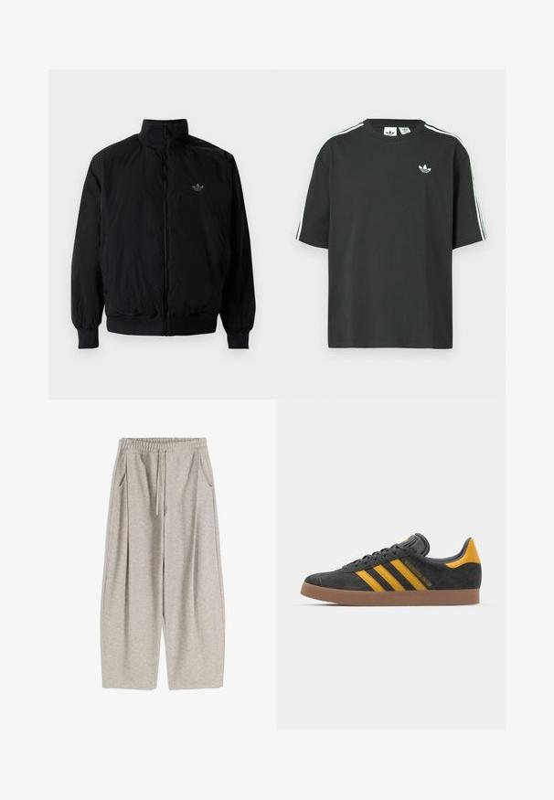 Zwarte geluiting jack met hoge kraag, gemaakt van lichtgewicht materiaal. Voorzien van elastische manchetten en tailleband, met een klein logo op de linkerbovenkant.; Zwart katoenen T-shirt met korte mouwen, ronde hals en witte drie-strepen details op de schouders. Heeft een klein wit logo op de borst.; Lichtgrijze sweatpants met een elastische tailleband, verstelbare trekkoord, twee zijzakken en losse, uitlopende benen. Zachte textuur, geplooid ontwerp.; Zwarte suède sneakers met gele accenten, voorzien van drie strepen en een bruine rubberen zool. Inclusief een gevoerde tong voor comfort.