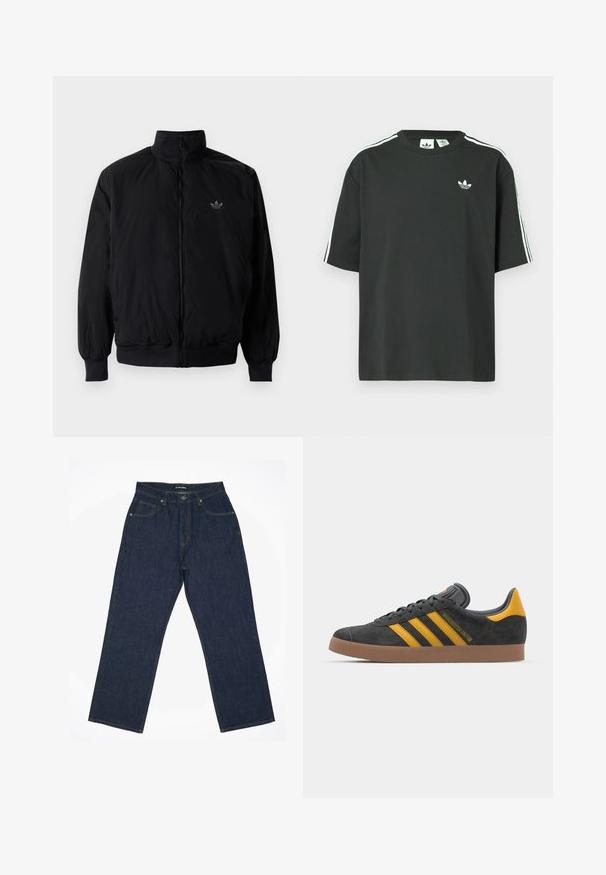 Black zipped jacket with high collar, made of lightweight material. Features elastic cuffs and waistband, with a small logo on the upper left.; Black cotton t-shirt with short sleeves, crew neckline, and white three-stripe detailing on shoulders. Features a small white logo on chest.; Dark blue denim jeans with a straight-leg design, featuring yellow stitching, five pockets, and a button closure at the waistband.; Black suede sneaker with yellow accents, featuring three stripes and a brown rubber sole. Includes a padded tongue for comfort.