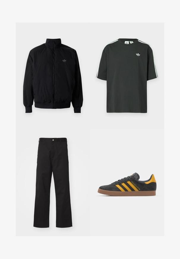 Black zipped jacket with high collar, made of lightweight material. Features elastic cuffs and waistband, with a small logo on the upper left.; Black cotton t-shirt with short sleeves, crew neckline, and white three-stripe detailing on shoulders. Features a small white logo on chest.; Black trousers made of durable fabric with a straight fit, featuring a front button closure, belt loops, and no visible patterns or accents.; Black suede sneaker with yellow accents, featuring three stripes and a brown rubber sole. Includes a padded tongue for comfort.