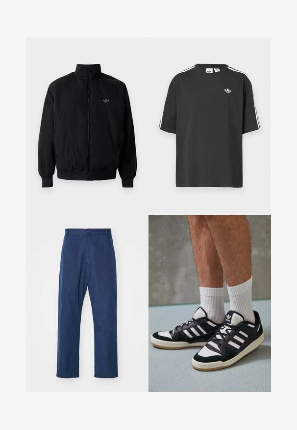 Schwarze Jacke mit Reißverschluss und hohem Kragen, aus leichtem Material gefertigt. Verfügt über elastische Bündchen und einen elastischen Saum, mit einem kleinen Logo oben links.; Schwarzes Baumwoll-T-Shirt mit kurzen Ärmeln, Rundhalsausschnitt und weißen Dreistreifen-Details auf den Schultern. Verfügt über ein kleines weißes Logo auf der Brust.; Marineblau, gerade geschnittene Hose aus Baumwolle. Mit einem Frontknopfverschluss und subtiler Textur, sowie Seitentaschen und Gürtelschlaufen.; Schwarz-weiße Sneaker mit einem Obermaterial aus Wildleder und Leder, ausgestattet mit drei weißen Streifen, einer perforierten Zehenpartie und einer Sohle aus Gummi.
