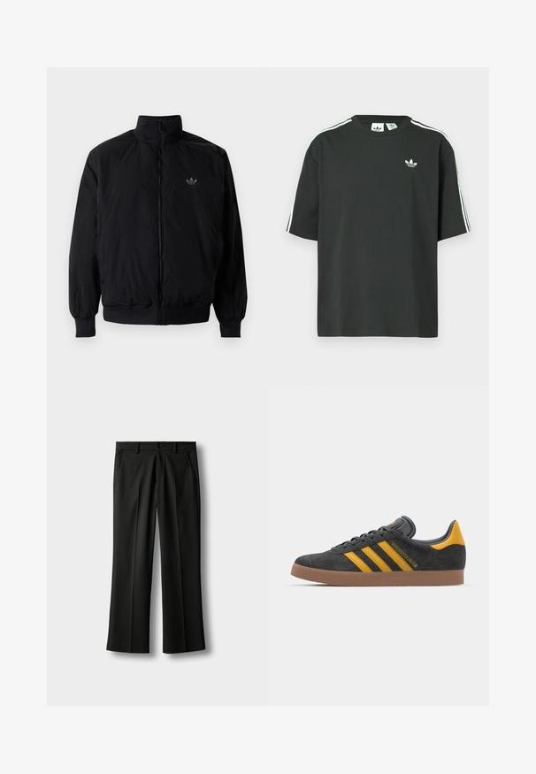 Giacca nera con zip e colletto alto, realizzata in materiale leggero. Presenta polsini e vita elastici, con un piccolo logo in alto a sinistra.; Maglietta nera in cotone con maniche corte, scollo rotondo e dettagli bianchi a tre strisce sulle spalle. Presenta un piccolo logo bianco sul petto.; Pantaloni neri su misura con passanti per cintura, chiusura frontale con bottoni e zip, tasche laterali e pieghe lungo le gambe su uno sfondo chiaro.; Sneaker in suede nero con dettagli gialli, dotato di tre strisce e una suola in gomma marrone. Include una linguetta imbottita per il comfort.