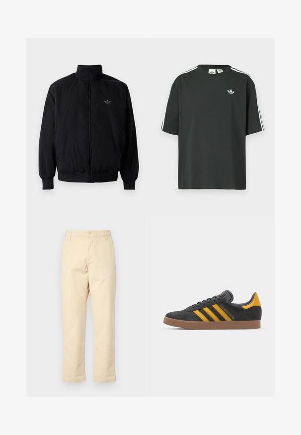 Giacca nera con zip e colletto alto, realizzata in materiale leggero. Presenta polsini e vita elastici, con un piccolo logo in alto a sinistra.; Maglietta nera in cotone con maniche corte, scollo rotondo e dettagli bianchi a tre strisce sulle spalle. Presenta un piccolo logo bianco sul petto.; Pantaloni in cotone beige con taglio dritto, chiusura con bottone frontale e due tasche laterali, caratterizzati da una sottile texture a coste.; Sneaker in suede nero con dettagli gialli, dotato di tre strisce e una suola in gomma marrone. Include una linguetta imbottita per il comfort.