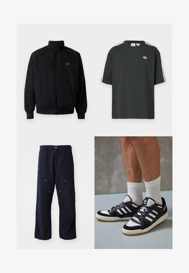 Czarna kurtka zapinana na zamek z wysokim kołnierzem, wykonana z lekkiego materiału. Posiada elastyczne mankiety i pas, oraz małe logo na górnej lewej stronie.; Czarny bawełniany t-shirt z krótkimi rękawami, okrągłym dekoltem i białym detalem w postaci trzech pasków na ramionach. Na piersi znajduje się małe białe logo.; Granatowe szerokie spodnie wykonane z bawełny o teksturowanym wykończeniu. Posiadają dwie przednie kieszenie z guzikami oraz zapięcie na przód na guzik.; Czarno-białe sneakersy z zamszową i skórzaną cholewką, z trzema białymi paskami, perforowanym czubkiem i gumową podeszwą w kolorze gumy.