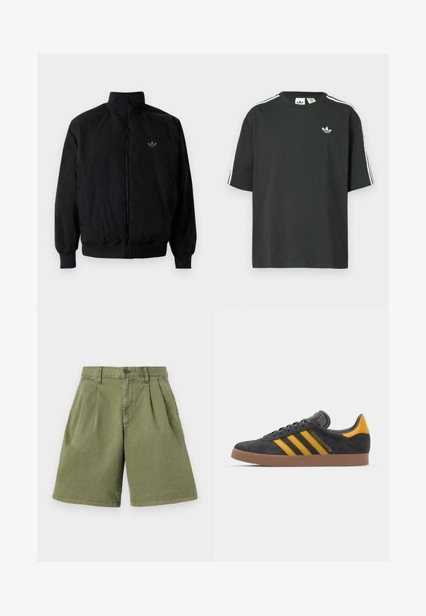 Giacca nera con zip e colletto alto, realizzata in materiale leggero. Presenta polsini e vita elastici, con un piccolo logo in alto a sinistra.; Maglietta nera in cotone con maniche corte, scollo rotondo e dettagli bianchi a tre strisce sulle spalle. Presenta un piccolo logo bianco sul petto.; Pantaloni shorts khaki con pince frontali, realizzati in tessuto misto cotone. Presentano passanti per cintura e chiusura con bottone, taglio dritto e orlo pulito.; Sneaker in suede nero con dettagli gialli, dotato di tre strisce e una suola in gomma marrone. Include una linguetta imbottita per il comfort.