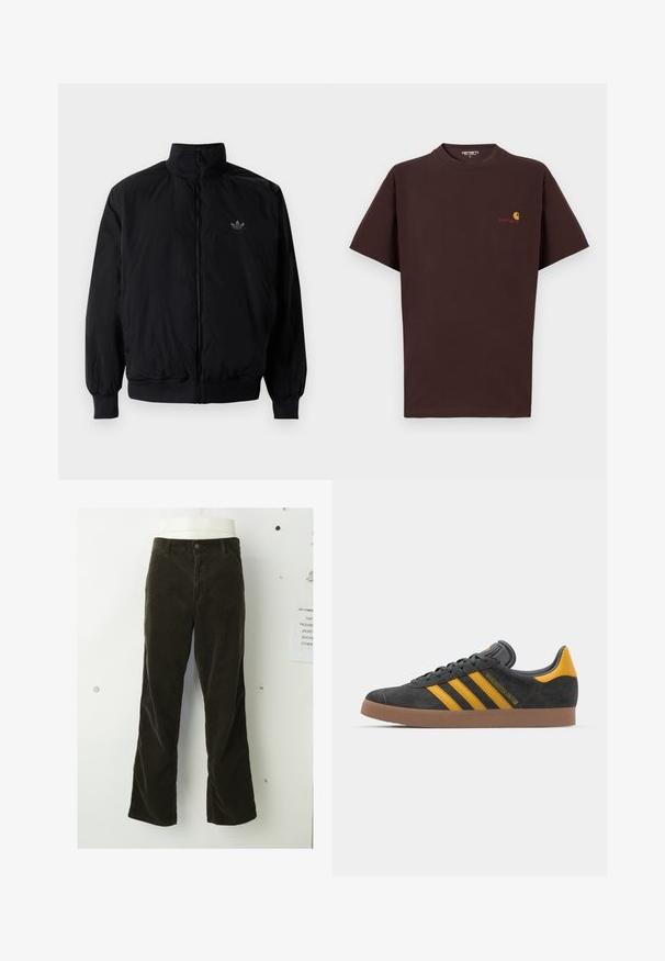 Veste noire à fermeture éclair avec col haut, fabriquée en matériau léger. Dotée de poignets et d'une taille élastiques, avec un petit logo en haut à gauche.; T-shirt en coton marron à manches courtes, col rond, logo sur la poitrine gauche en orange et rouge, ourlet droit et coupe décontractée.; Un pantalon en velours côtelé marron présente un design évasé, une texture côtelée verticale, une fermeture à bouton à l'avant et des poches standard.; Baskets en suede noir avec des accents jaunes, présentant trois rayures et une semelle en caoutchouc marron. Comprend une languette rembourrée pour le confort.