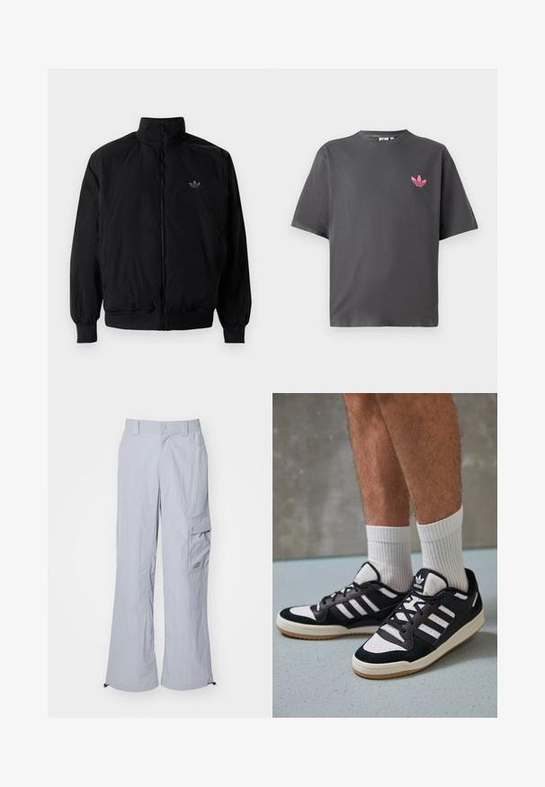Schwarze Jacke mit Reißverschluss und hohem Kragen, aus leichtem Material gefertigt. Verfügt über elastische Bündchen und einen elastischen Saum, mit einem kleinen Logo oben links.; Dunkelgraues T-Shirt mit kurzen Ärmeln und einem kleinen rosa Adidas Trefoil-Logo auf der linken Brust, vor einem weißen Hintergrund präsentiert.; Helle graue Cargo-Hosen aus leichtem Stoff, mit lockerer Passform, Seitentaschen und verstellbaren Säumen für Vielseitigkeit.; Schwarz-weiße Sneaker mit einem Obermaterial aus Wildleder und Leder, ausgestattet mit drei weißen Streifen, einer perforierten Zehenpartie und einer Sohle aus Gummi.