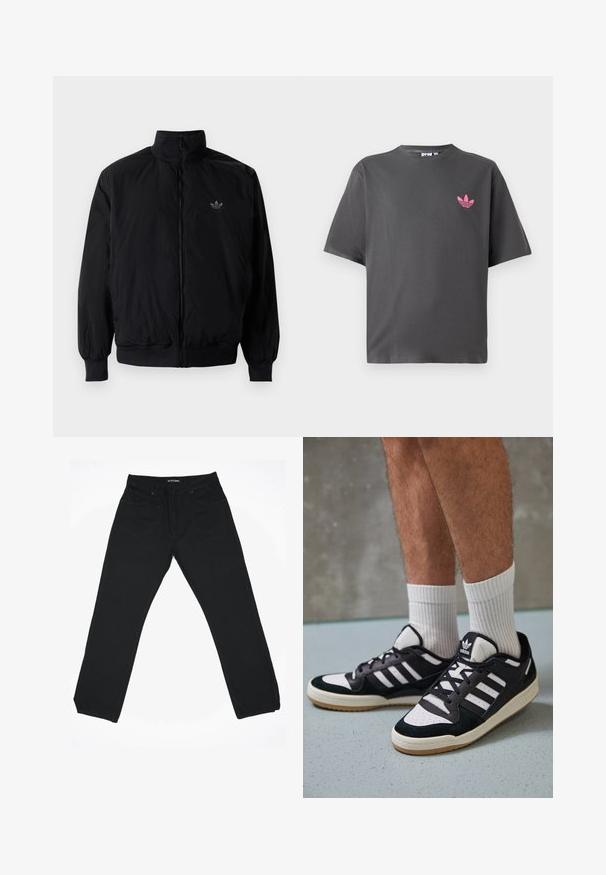 Zwarte geluiting jack met hoge kraag, gemaakt van lichtgewicht materiaal. Voorzien van elastische manchetten en tailleband, met een klein logo op de linkerbovenkant.; Donkergrijze T-shirt met korte mouwen en een klein roze Adidas trefoil logo op de linkerborst, weergegeven tegen een witte achtergrond.; Zwarte denim jeans met een rechte pijp, voorzien van een middelhoge taille, vijf zakken en subtiele stikdetails.; Zwart-witte sneakers met een bovenwerk van suede en leer, voorzien van drie witte strepen, een geperforeerde neus en een rubberen gumzool.