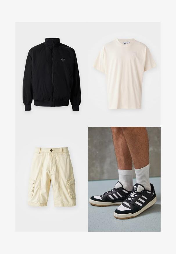 Čierna zips kombinéza s vysokým golierom, vyrobená z ľahkého materiálu. Obsahuje elastické manžety a pás, s malým logom na hornej ľavej strane.; Krémové bavlnené tričko s okrúhlym výstrihom a krátkymi rukávmi; má malé, svetlého odtieňa logo na hrudi.; Kraťasy až po kolená v svetlo béžovej látke s gombíkovým zapínaním, dvoma veľkými bočnými vreckami a viditeľnými švovými detailami.; Čierno-biele tenisky s vrchom z semišu a kože, s troma bielymi pruhmi, perforovanou špičkou a gumovou podrážkou.
