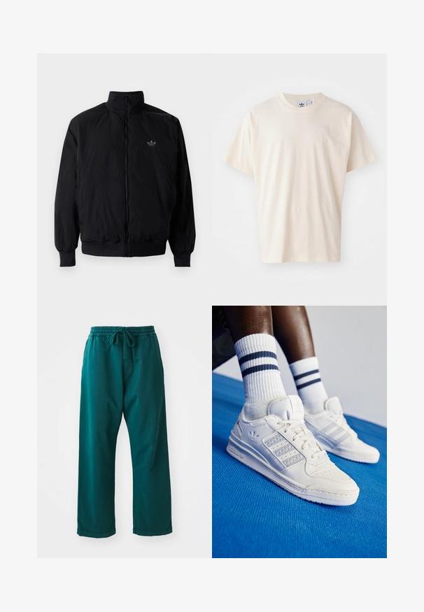 Crna jakna na zip s visokim ovratnikom, izrađena od laganog materijala. Ima elastične manžete i pojas, s malim logotipom na gornjem lijevom dijelu.; Kremasta pamučna majica s okruglim izrezom i kratkim rukavima; sadrži mali, svijetli logotip na prsima.; Tirkizne široke hlače izrađene od mekog materijala, s elastičnom trakicom s podesivim vezanjem za prilagodljivu veličinu i glatkom teksturom.; Bijele kožne tenisice s perforiranim detaljima, tri metalna pruga i teksturirani bočni panel. Nosi se s bijelim čarapama sa plavim prugama.