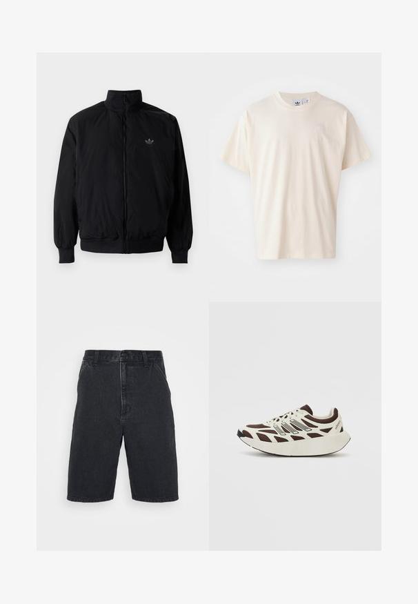 Giacca nera con zip e colletto alto, realizzata in materiale leggero. Presenta polsini e vita elastici, con un piccolo logo in alto a sinistra.; T-shirt in cotone crema con scollatura rotonda e maniche corte; presenta un piccolo logo chiaro sul petto.; Shorts in denim nero con taglio dritto, dotati di chiusura con bottone e due tasche laterali. Orlo non completo con sottili dettagli di scolorimento.; Sneaker marrone e crema con tomaia in rete, sovrapposizioni testurizzate e una suola bianca spessa e arrotondata. Presenta una linguetta a profilo basso e lacci.
