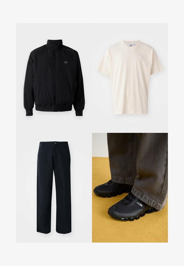Černá zipová bunda s vysokým límcem, vyrobená z lehkého materiálu. Má elastické manžety a pas, s malým logem na horní levé straně.; Krémové bavlněné tričko s kulatým výstřihem a krátkými rukávy; na hrudi je umístěno malé světlé logo.; Černé kalhoty s širokým střihem vyrobené z bavlněné směsi. Mají zapínání na knoflík, přední kapsy a jemné švy.; Černé sportovní boty s síťovaným svrškem, zakřivenou podrážkou a charakteristickými zaoblenými detaily. V kombinaci s tmavými, volnými kalhotami.