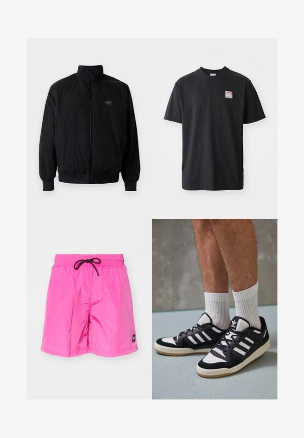 Giacca nera con zip e colletto alto, realizzata in materiale leggero. Presenta polsini e vita elastici, con un piccolo logo in alto a sinistra.; T-shirt in cotone nero con collo rotondo, maniche corte e una piccola etichetta colorata sul petto sinistro che presenta la parola "SUPERIOR."; Costumi da bagno leggeri e rosa con vita elastica e lacci neri. Presentano un piccolo etichetta sulla gamba sinistra. Texture liscia.; Sneaker bianco e nero con tomaia in suede e pelle, caratterizzati da tre strisce bianche, punta perforata e suola in gomma naturale.