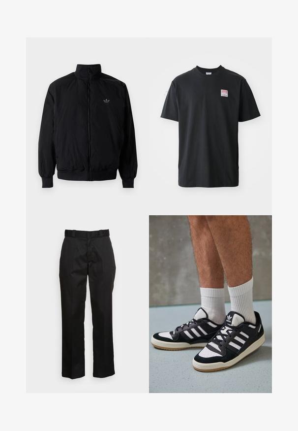 Black zipped jacket with high collar, made of lightweight material. Features elastic cuffs and waistband, with a small logo on the upper left.; Black cotton t-shirt with a crew neck, short sleeves, and a small colored label on the left chest featuring the word "SUPERIOR."; Black trousers made from a smooth fabric, featuring a straight leg design, belt loops, and two side pockets. Classic look without embellishments.; Black and white sneakers with a suede and leather upper, featuring three white stripes, a perforated toe, and a gum rubber sole.