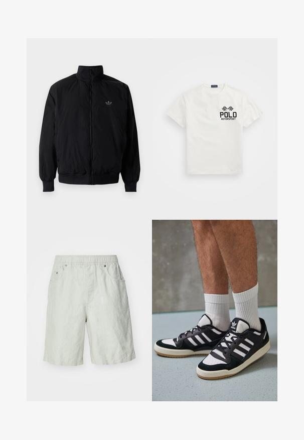 Black zipped jacket with high collar, made of lightweight material. Features elastic cuffs and waistband, with a small logo on the upper left.; White cotton T-shirt with a round neck, featuring a black "Polo Motorsport" logo and crossed checkered flags on the left chest.; Light gray shorts made of a textured fabric, featuring an elastic waistband, two side pockets, and a relaxed fit.; Black and white sneakers with a suede and leather upper, featuring three white stripes, a perforated toe, and a gum rubber sole.