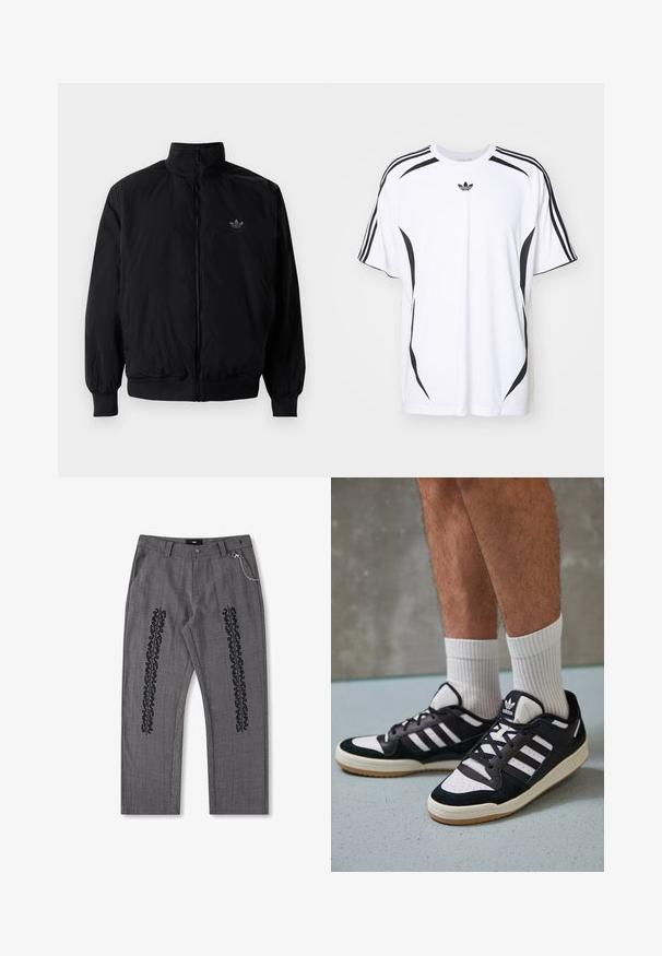Schwarze Jacke mit Reißverschluss und hohem Kragen, aus leichtem Material gefertigt. Verfügt über elastische Bündchen und einen elastischen Saum, mit einem kleinen Logo oben links.; Weißes Kurzarm-T-Shirt mit schwarzen seitlichen Akzenten und drei schwarzen Streifen auf den Schultern. Enthält ein kleines schwarzes Logo auf der Brust.; Grau karierte Hose mit schwarzem Textdetail an den Seiten, mit einer Kette als Akzent am Bund. Gerade Beinform, strukturiertes Material.; Schwarz-weiße Sneaker mit einem Obermaterial aus Wildleder und Leder, ausgestattet mit drei weißen Streifen, einer perforierten Zehenpartie und einer Sohle aus Gummi.