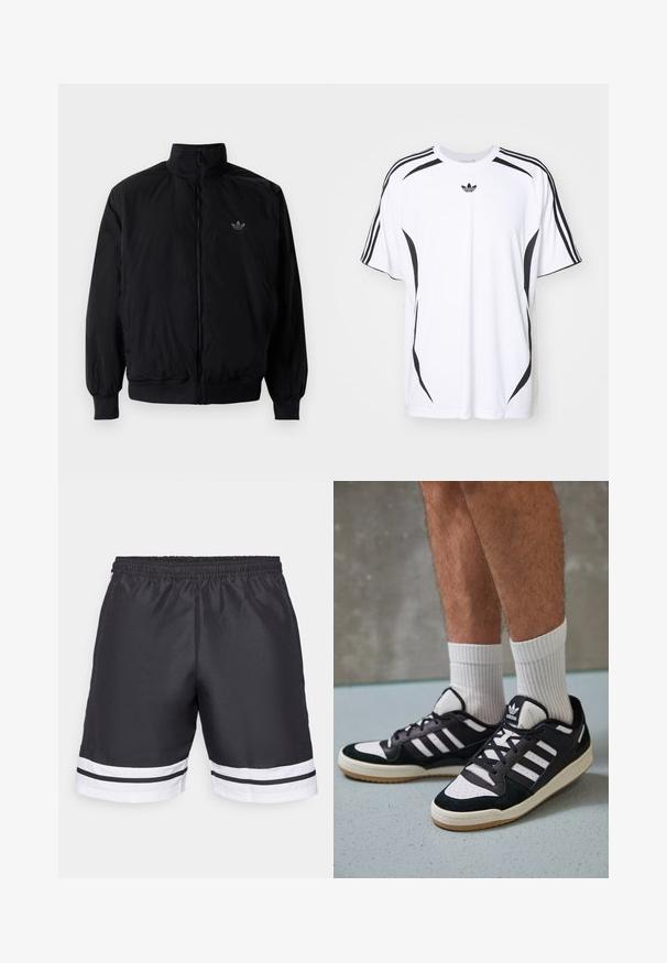 Musta vetoketjullinen takki, jossa on korkea kaulus, valmistettu kevyestä materiaalista. Varustettu joustavilla hihoilla ja vyötäröllä, ja ylävasemmalla on pieni logo.; Valkoinen lyhythihainen t-paita, jossa on mustat sivusomisteet ja kolme mustaa raitaa hartioilla. Paitassa on myös pieni musta logo rinnassa.; Mustat urheilushortsit, joissa on joustava vyötärö, valkoisilla vaakasuorilla raidoilla lahkeiden reunassa ja sileä pinta.; Valkoiset ja mustat tennarit, joissa on mokkanahka- ja nahkapäällinen, kolme valkoista raitaa, rei'itetty kärki ja kumipohja.
