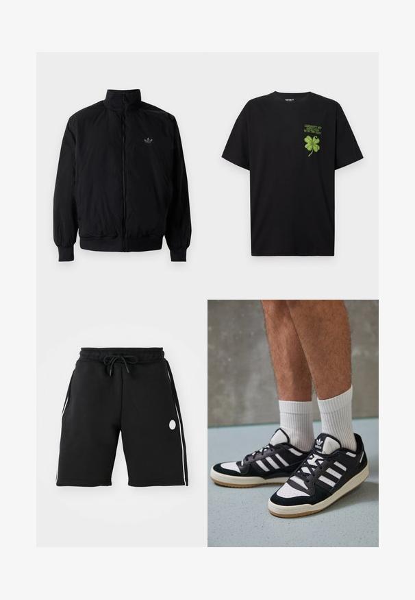 Crna jakna na zip s visokim ovratnikom, izrađena od laganog materijala. Ima elastične manžete i pojas, s malim logotipom na gornjem lijevom dijelu.; Crna pamučna majica s grafikom zelenog djetelina s četiri lista i natpisom "SRETNO U DALJNJEM" na lijevoj strani prsnog dijela.; Crne dukserice s elastičnom strukom i podesivim vezicama. Imaju bijele bočne pruge i okrugli logo kao detalj.; Crne i bijele tenisice s gornjim dijelom od antilopa i kože, s tri bijele pruge, perforiranim prstom i gumiranim potplatom.
