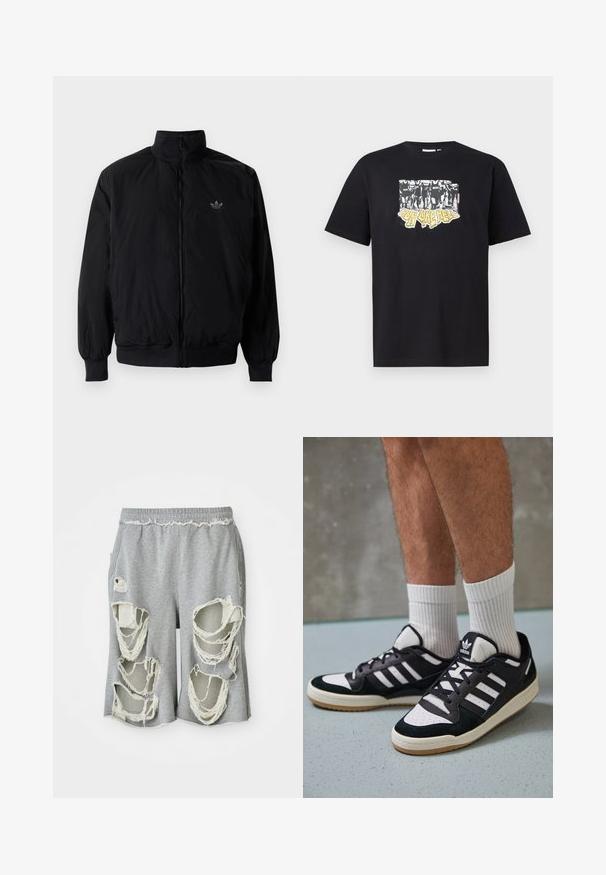 Black zipped jacket with high collar, made of lightweight material. Features elastic cuffs and waistband, with a small logo on the upper left.; Black cotton t-shirt featuring a graphic print in white and yellow with the text "IRON LIKE HELL" and a design of silhouettes.; Gray cotton shorts with prominent distressed holes and frayed edges. Features an elastic waistband and relaxed-fit design.; Black and white sneakers with a suede and leather upper, featuring three white stripes, a perforated toe, and a gum rubber sole.