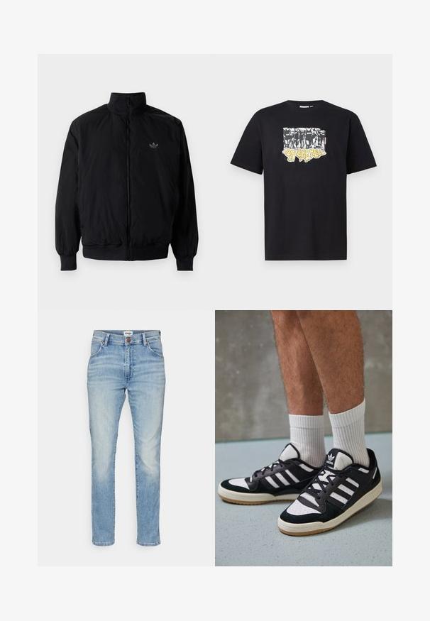 Černá zipová bunda s vysokým límcem, vyrobená z lehkého materiálu. Má elastické manžety a pas, s malým logem na horní levé straně.; Černé bavlněné tričko s grafickým potiskem v bílé a žluté barvě, s textem "IRON LIKE HELL" a designem siluet.; Světle modré džíny s úzkým střihem, s předním zapínáním na knoflík, poutky na opasek a jemným vyblednutím podél nohavic. Žádné potisky ani ozdoby.; Černobílé tenisky s vrchní částí z semišové a kožené kůže, včetně tří bílých pruhů, perforovaného špičky a podrážky z gumy.