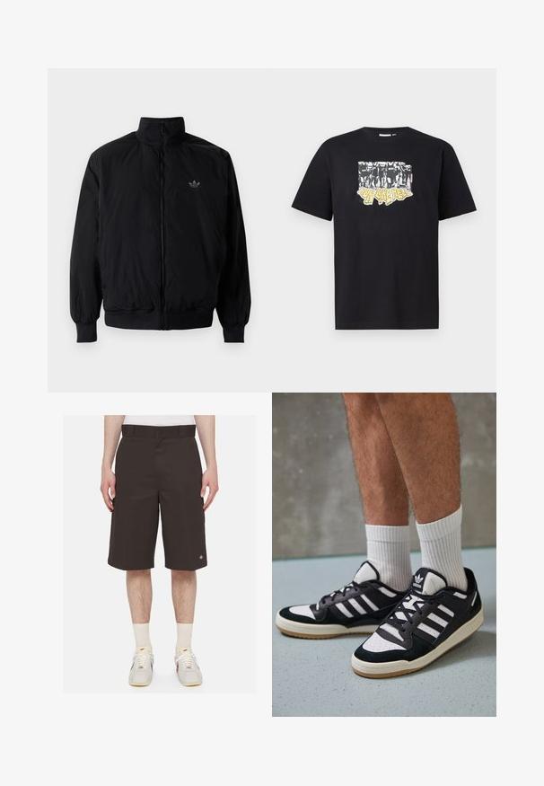 Sort lynlåsjakke med høj krave, fremstillet af letvægtsmateriale. Har elastiske manchetter og talje, med et lille logo på øverste venstre side.; Sort bomulds t-shirt med et grafisk tryk i hvid og gul med teksten "IRON LIKE HELL" og et design af silhuetter.; Mørkebrun shorts lavet af robust stof, med lige pasform, midt på låret længde, og broderet logo på venstre ben.; Sorte og hvide sneakers med en overdel i ruskind og læder, der har tre hvide striber, en perforeret tå og en sål i gummigummi.