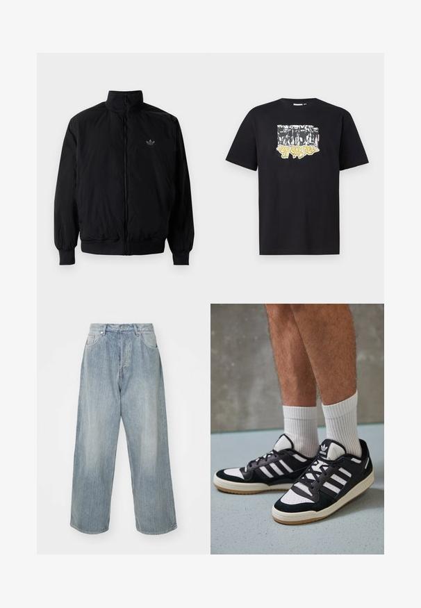 Black zipped jacket with high collar, made of lightweight material. Features elastic cuffs and waistband, with a small logo on the upper left.; Black cotton t-shirt featuring a graphic print in white and yellow with the text "IRON LIKE HELL" and a design of silhouettes.; Light blue denim jeans with a loose fit, high waist, five pockets, and contrasting stitching. Features a straight leg design and clean hems.; Black and white sneakers with a suede and leather upper, featuring three white stripes, a perforated toe, and a gum rubber sole.