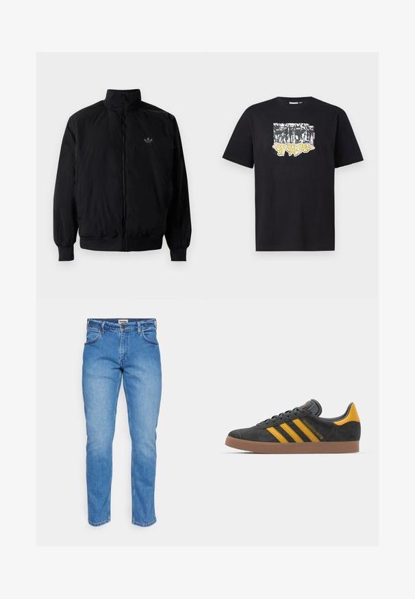 Černá zipová bunda s vysokým límcem, vyrobená z lehkého materiálu. Má elastické manžety a pas, s malým logem na horní levé straně.; Černé bavlněné tričko s grafickým potiskem v bílé a žluté barvě, s textem "IRON LIKE HELL" a designem siluet.; Světle modré džíny s rovnou nohavicou, designem pěti kapes a měděným knoflíkem. Má viditelné švy a jemnou texturu.; Černé semišové tenisky se žlutými akcenty, vybavené třemi pruhy a hnědou gumovou podrážkou. Obsahují polstrovaný jazyk pro pohodlí.