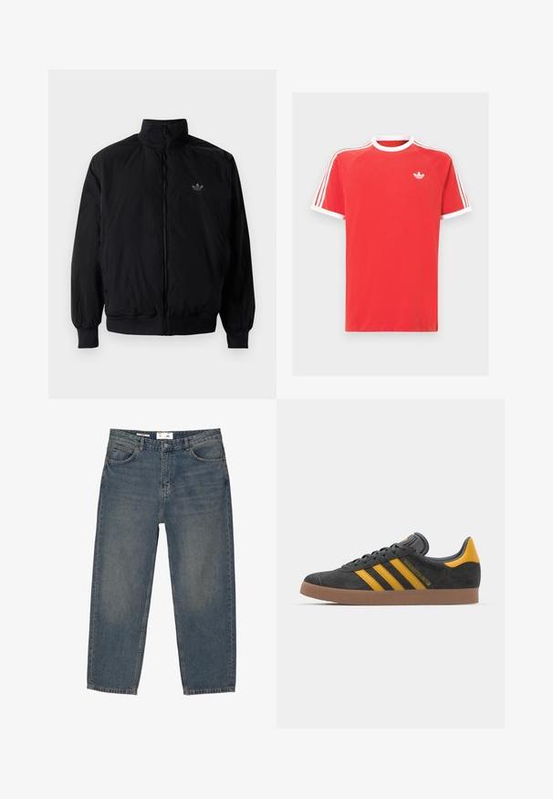 Zwarte geluiting jack met hoge kraag, gemaakt van lichtgewicht materiaal. Voorzien van elastische manchetten en tailleband, met een klein logo op de linkerbovenkant.; Rode katoenen t-shirt met witte kraag en mouwafwerkingen. Heeft een wit driezijdig ontwerp op de schouders en een klein wit logo op de borst.; Blauwe spijkerbroek met een ruime pasvorm, met een klassieke vijf-pocketontwerp en minimale vervaging. Inclusief een knoopsluiting en riemlussen.; Zwarte suède sneakers met gele accenten, voorzien van drie strepen en een bruine rubberen zool. Inclusief een gevoerde tong voor comfort.