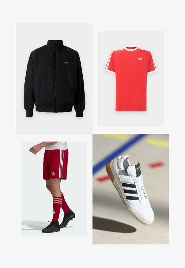 Schwarze Jacke mit Reißverschluss und hohem Kragen, aus leichtem Material gefertigt. Verfügt über elastische Bündchen und einen elastischen Saum, mit einem kleinen Logo oben links.; Rotes Baumwoll-T-Shirt mit weißem Kragen und Ärmelsäumen. Mit einem weißen Dreistreifen-Design auf den Schultern und einem kleinen weißen Logo auf der Brust.; Rote Fußballshorts mit drei weißen Streifen an den Seiten, kombiniert mit roten Socken mit weißen Streifen und schwarzen Fußballschuhen mit goldenen Akzenten.; Weiße Adidas Mundial Goal Sneaker mit schwarzen Streifen und Gummisohle, die in der Luft über einem Sportboden mit bunten Linien gezeigt werden.