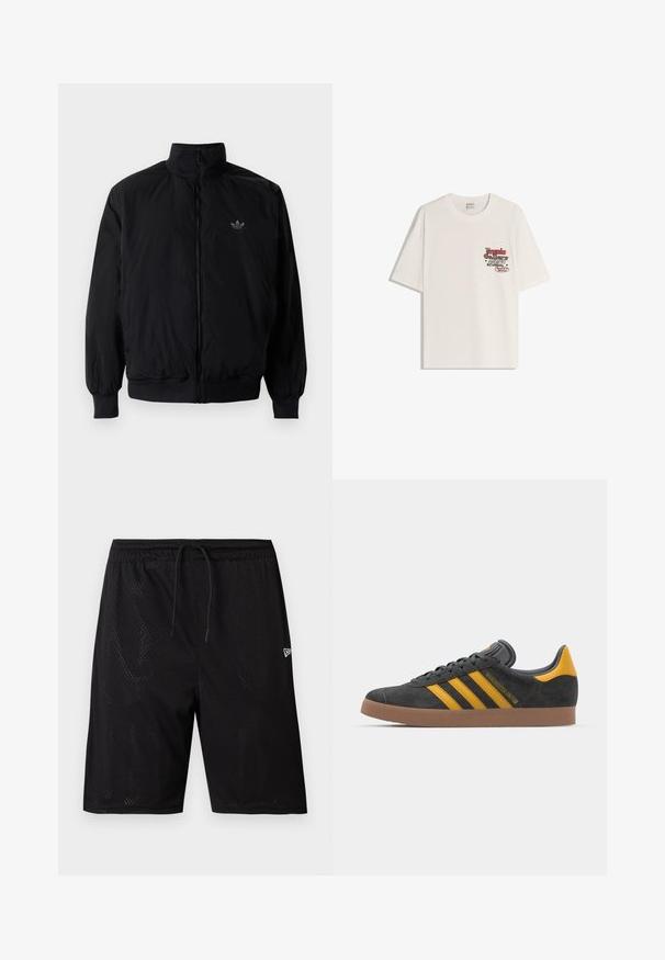 Crna jakna na zip s visokim ovratnikom, izrađena od laganog materijala. Ima elastične manžete i pojas, s malim logotipom na gornjem lijevom dijelu.; Bijela pamučna majica kratkih rukava, s okruglim izrezom. Sadrži tiskanu grafiku u crvenom i crnom tekstu na lijevoj strani prsnog područja.; Crne sportske kratke hlače od mrežastog materijala s vezicom u struku, imaju perforiranu teksturu i mali bijeli logo na donjoj desnoj strani.; Crne nubuk tenisice s žutim detaljima, sa tri pruge i smešnim gumenim potplatom. Imaju jastučić na jeziku za udobnost.